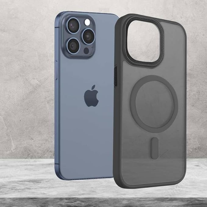 iPhone 15 pro Magnetic Matte Case | Shock Proof Design & Ring Camera Protection | Magsafe Wireless Charging case for Apple iPhone 15 pro | Sleek Hard Crystal Cover - Black (Matte - Back)