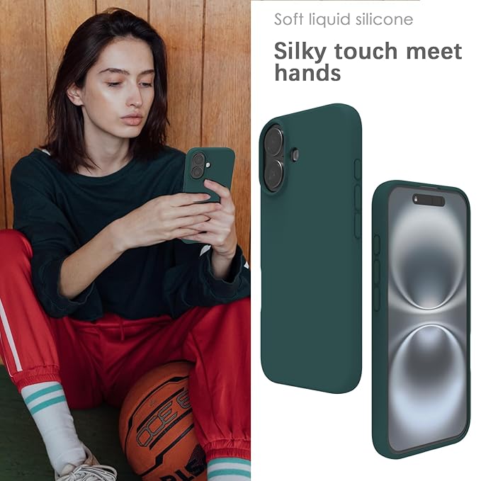 Silicone Back Case for iPhone 16, Soft-Touch Phone Back Cover for Apple iPhone 16 - Dark Green