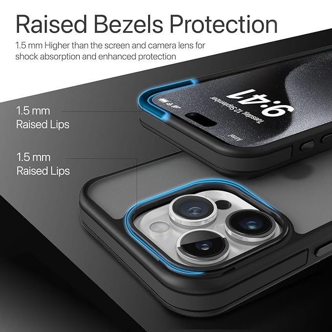 Back Cover Case for iPhone 15 Pro Metal Frame Camera Bump Shockproof Scratch Resistant Slim Thin Military-Grade Protection- Black