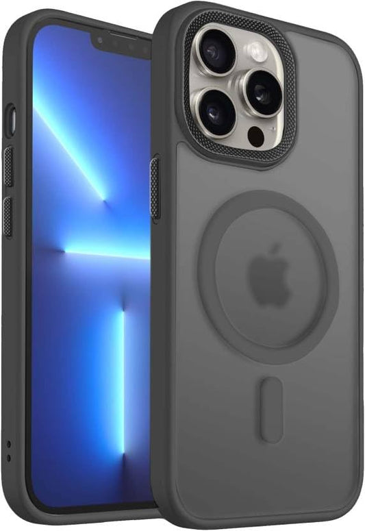 iPhone 15 pro Magnetic Matte Case | Shock Proof Design & Ring Camera Protection | Magsafe Wireless Charging case for Apple iPhone 15 pro | Sleek Hard Crystal Cover - Black (Matte - Back)