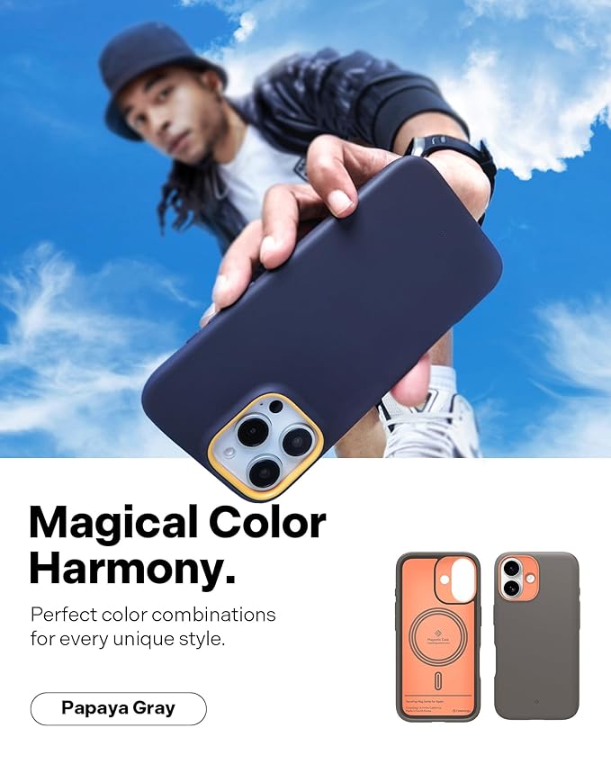 Phone 16 Case [Soft & Dust Free Material] Magnetic Military Grade Drop Protection Back Cover Case for iPhone 16 (TPU and PC | Papaya Gray)