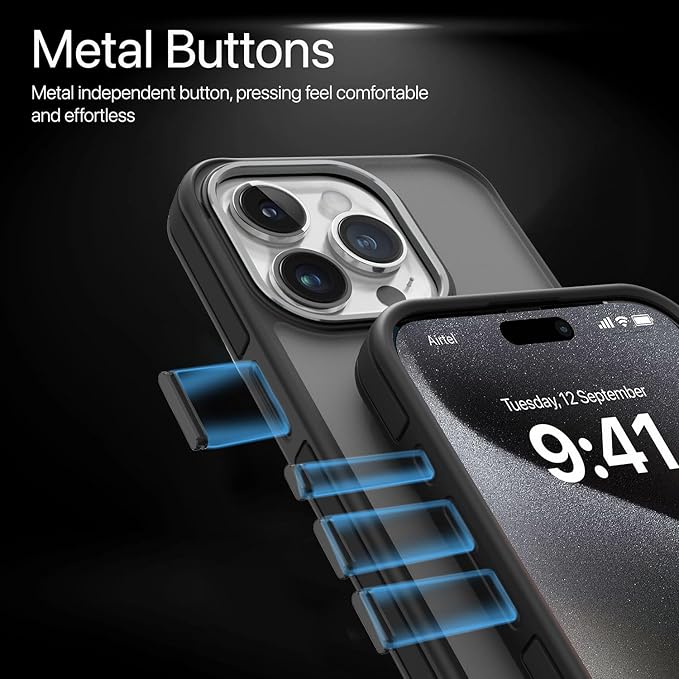 Back Cover Case for iPhone 15 Pro Metal Frame Camera Bump Shockproof Scratch Resistant Slim Thin Military-Grade Protection- Black